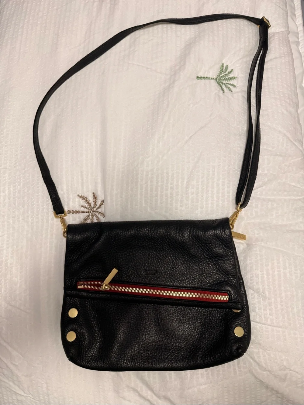 Hammitt Black Leather Crossbody with Gold Hardware and Red Zip Accent